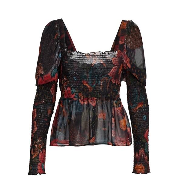 FARM Rio NWT Black River Creatures Smocked Floral Chiffon Sheer Blouse XS - Picture 7 of 10